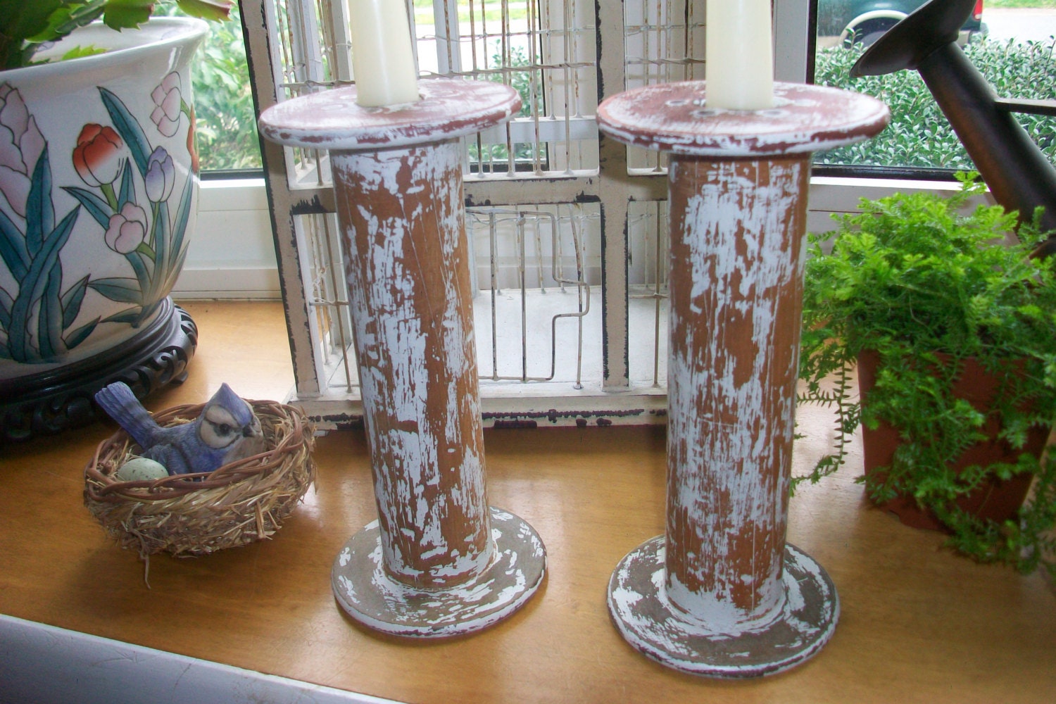 Vintage Wood Bobbins, Spools, Distressed Candle holders Pair, Shabby, Chippy Paint, Rustic Decor