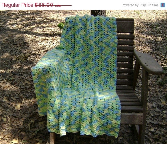 ON SALE Crochet Afghan Throw Blanket Ripple Afghan Pastel Yellow Green Blue