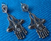 Pure Silver .999 Filigree Long Dangle Earrings, Hand of Fatima, Frida Kahlo