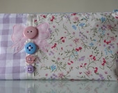 Make up bag, Cosmetic Bag, Handmade, Mixed Print Front, Pale Blue zipper with Button detail