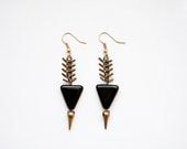 geometric, tribal, brass fish bone chain, black glass triangle beads and spikes, earrings