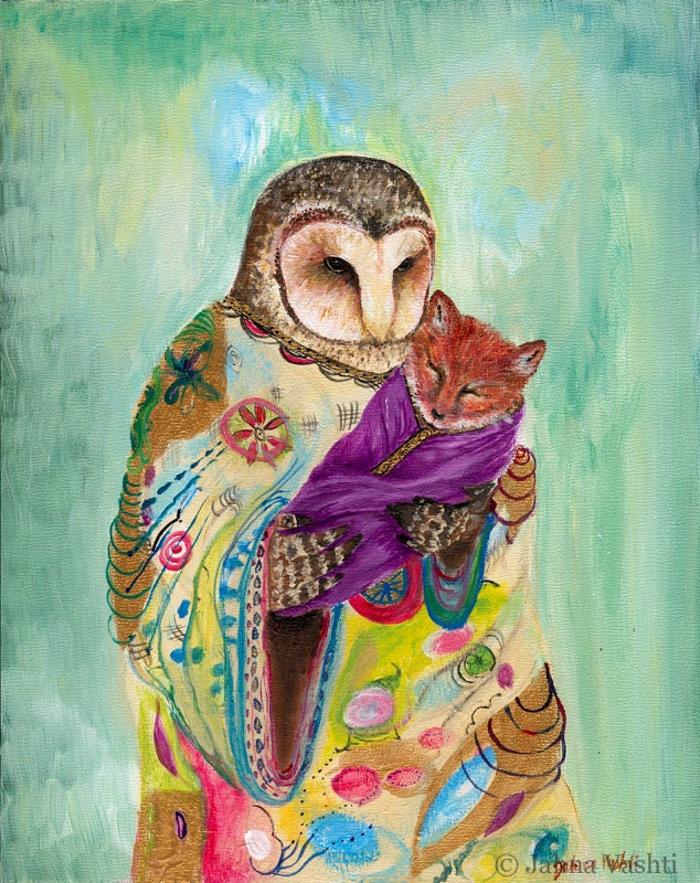 Mother Owl, fox, 11x14 standard frame size, adoptive mother, grandmother, whimsical, mothers day art, woodland nursery, print