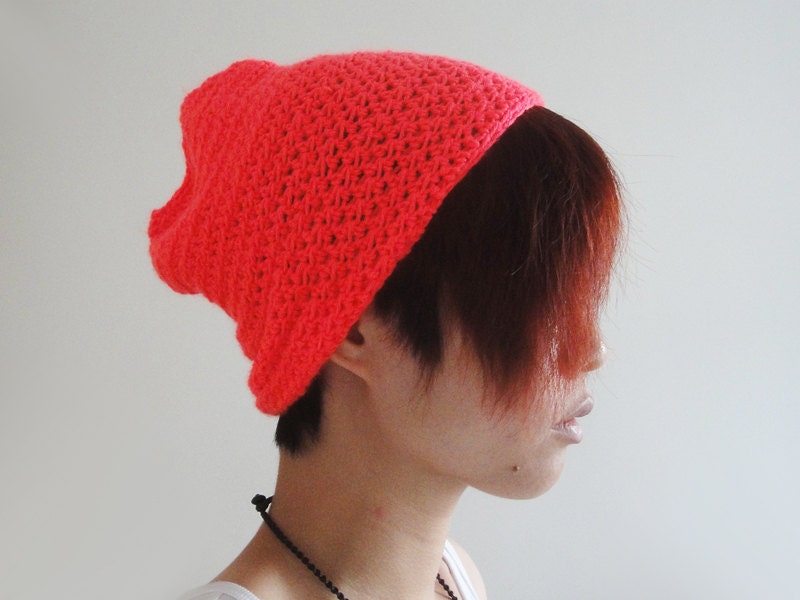 Unique All Seasons Crochet Beanie in Neon Orange-ish Pink, Ear Beanie, Hand Crocheted, Spring Accessories, Summer Accessories