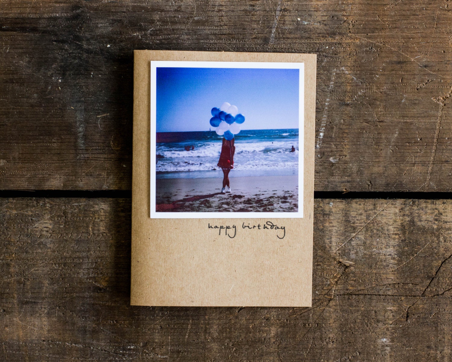 Simple Blank Birthday Card - Polaroid Photography - Happy Birthday - Balloons - Beach - Blank Card - Paper Goods - Red - Blue - Rustic