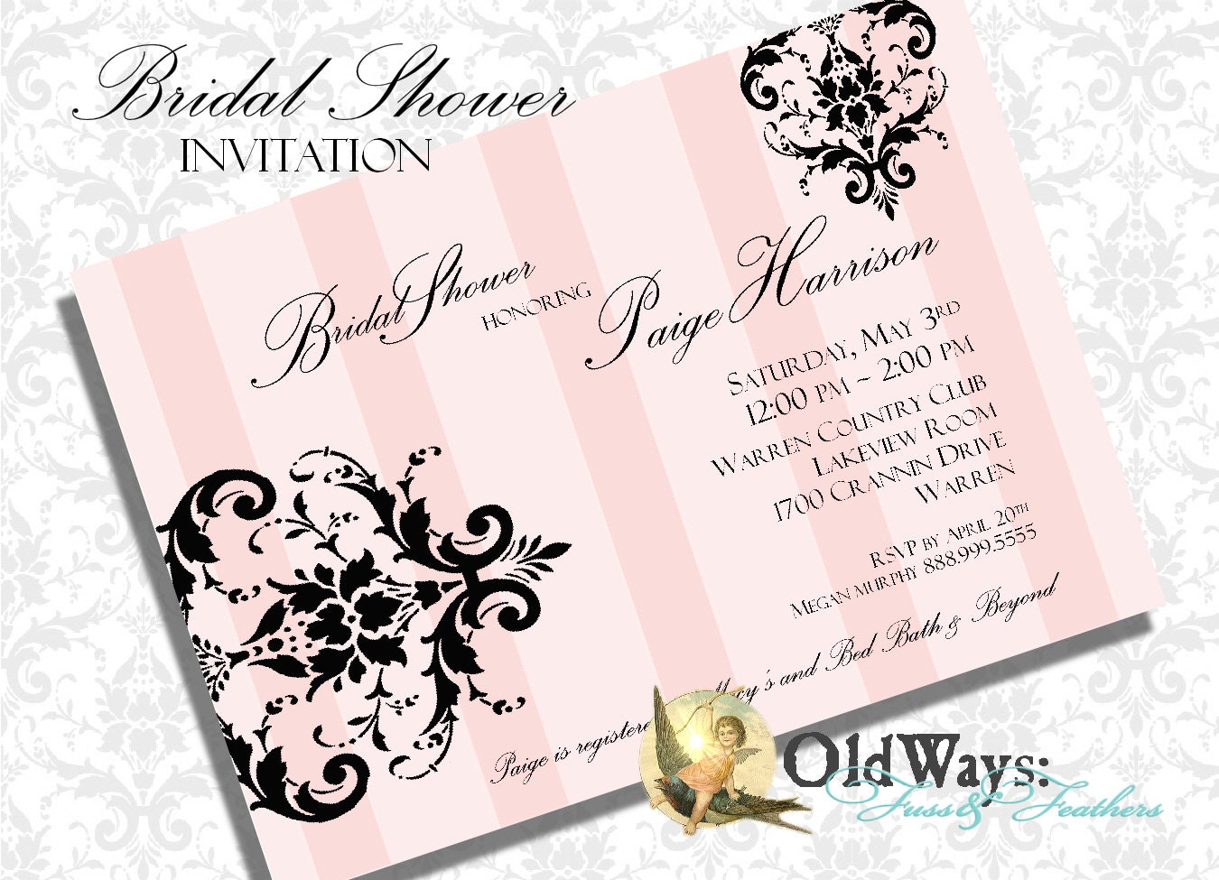 Stripes and Damask Bridal Shower Invitation in Pink and Black - Printable Custom DIY Invite 5x7 or 4x6 Digital JPEG and PDF Files
