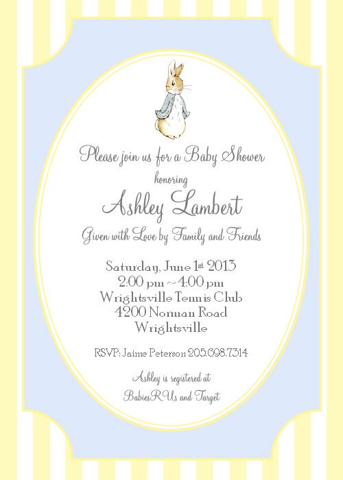 Peter Rabbit Baby Boy Shower Invitation Blue and Yellow - Printable Custom Invite DIY 5x7 or 4x6 Digital JPEG and PDF Files