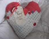 Red, Blue and White Memory Heart Pillow from Old Quilt Piece - Remembrance Pillow Home Decor