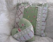 Shabby Chic Green Floral Pillow Set of 2 Pillows, Heart and Square Pillows, Lace, Green, Pink, Blue, White