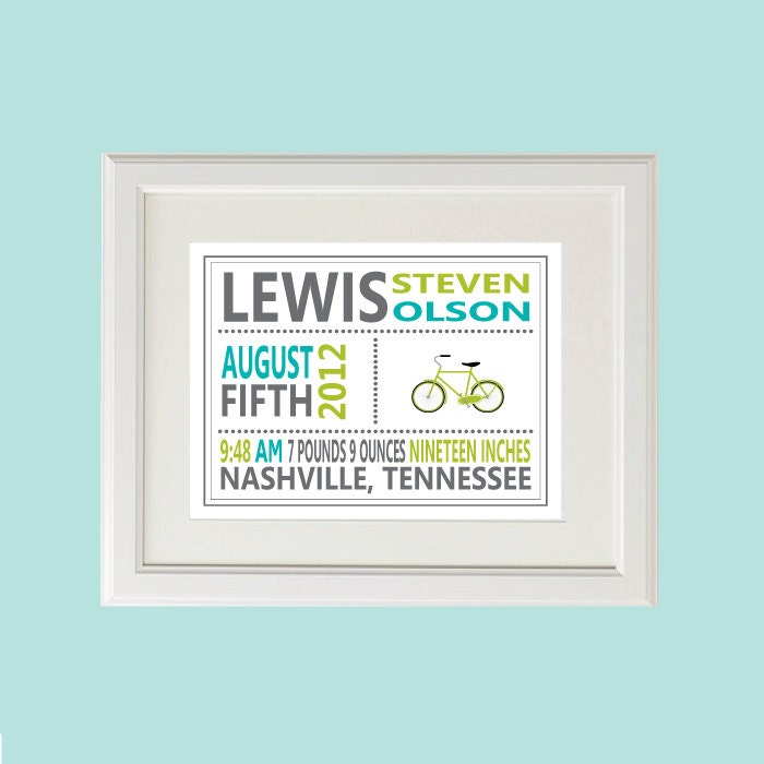8x10 Personalized Bike, Bicycle Birth Stats Print (More Colors & Sizes Available) Custom Children's Art