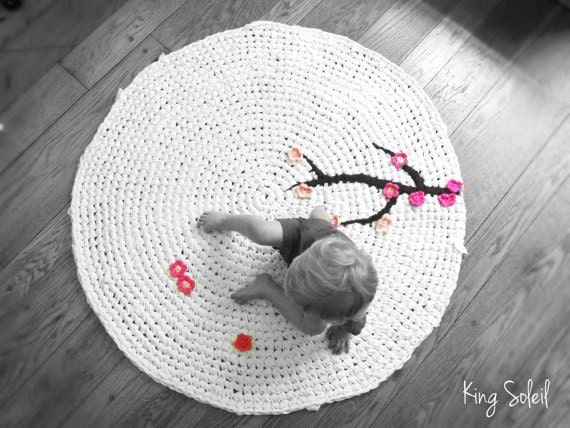 Crochet Rug Cherry Tree Ombré Cotton Rug Nursery Kids Rug as Featured in Inside Crochet Magazine and Upcycle Magazine