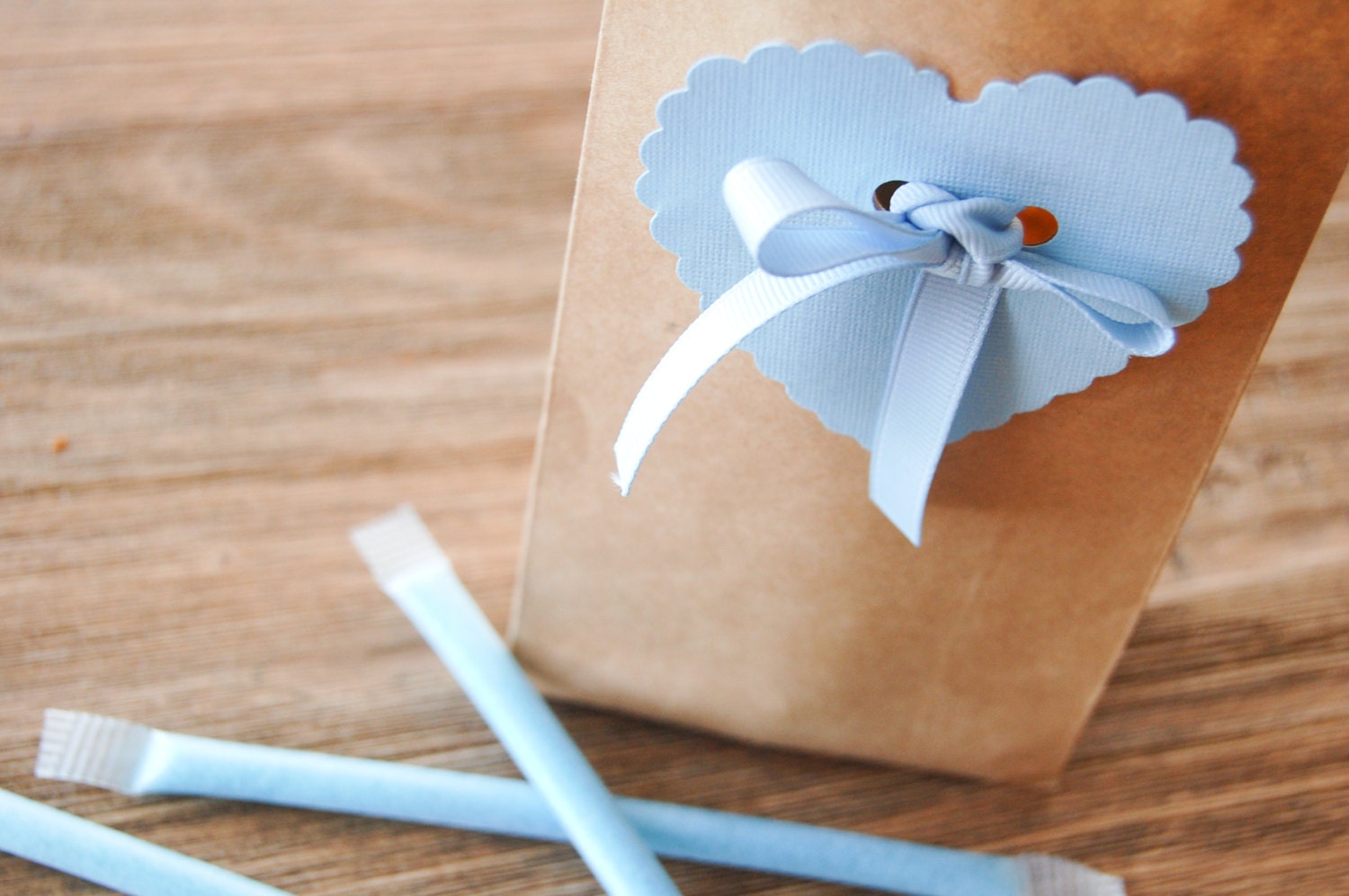 set of 6 Candy/favor/gift bags with blue heart and ribbon, wedding, birthday/children, shower, baby shower, anniversary