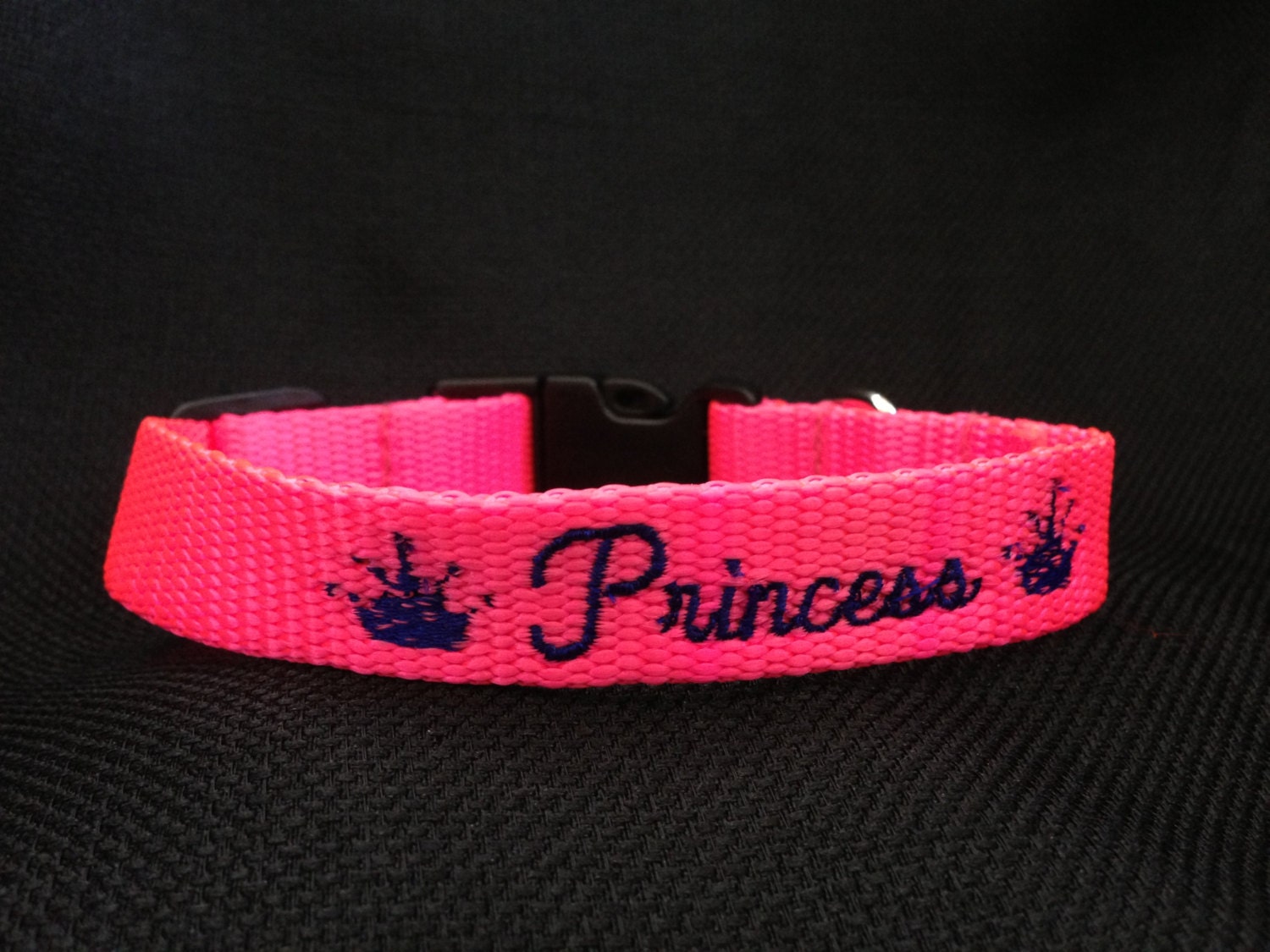 Princess Embroidered Neon Pink Nylon Dog Collar (size small)