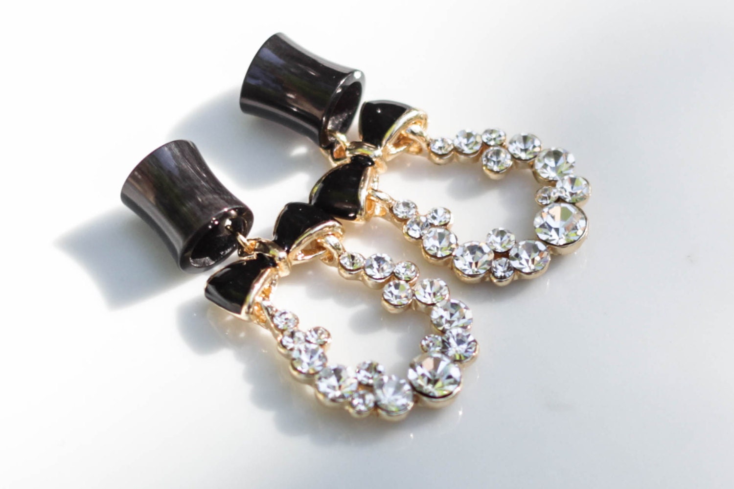 4g-5/8" Gold and Black Bow with Rhinestone Accent Dangle Plugs Tunnels
