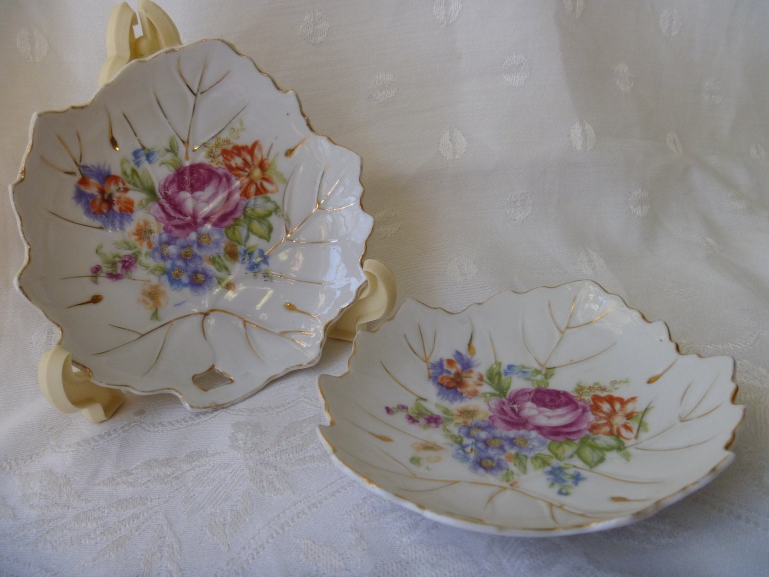 BERKSHIRE Fine China BUTTER PAT Dish Leaf Shaped Trinket Dish With Flowers Set of Two