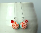 Kimono Droplet Earrings, Aqua Blue, Red, Silk, Sterling Silver