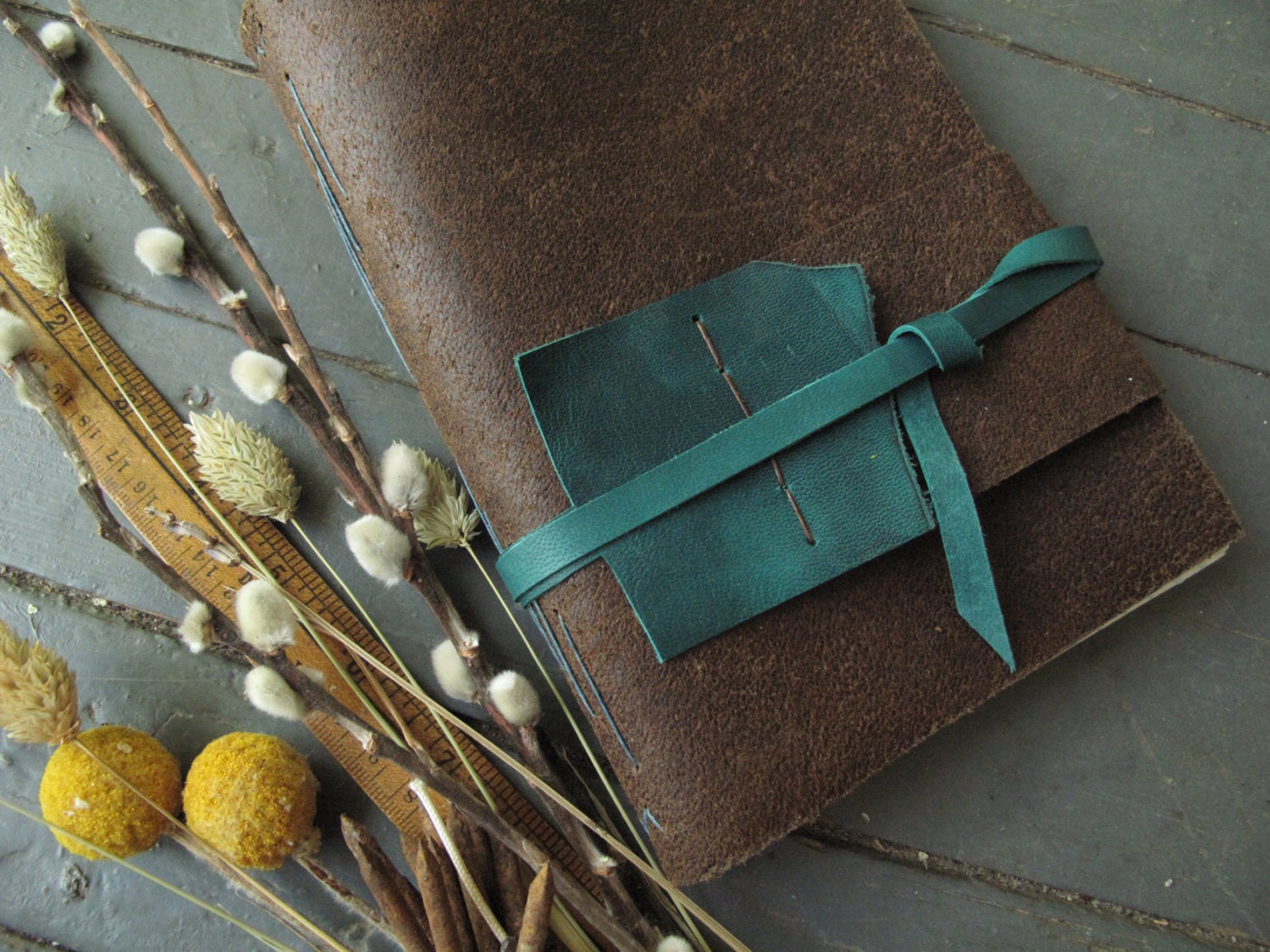 Brown and Green Leather Journal with Graph Paper