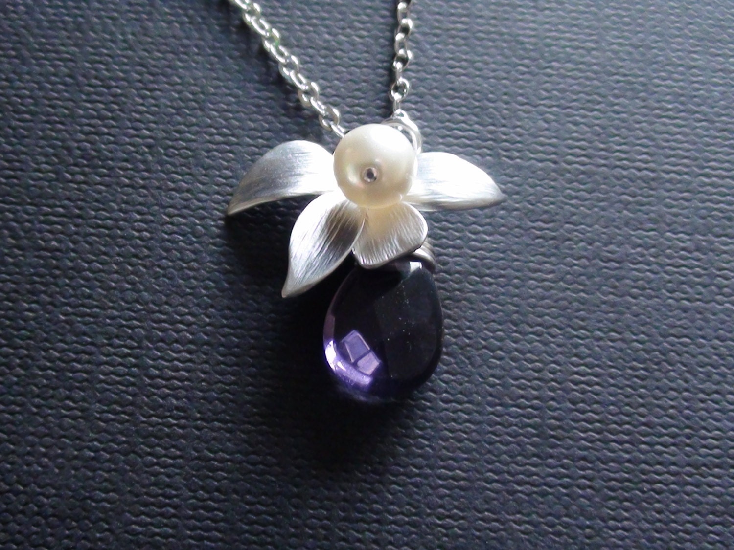 Sale-Personalized Birthstones-Amethyst Teardrop Briolette, Orchid Flower Connector And Cream Pearl-Bridesmaids Wedding Jewelry