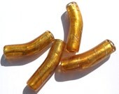 Set of 4 Gold Foil Glass Lampwork Curved Bracelet Tube Beads