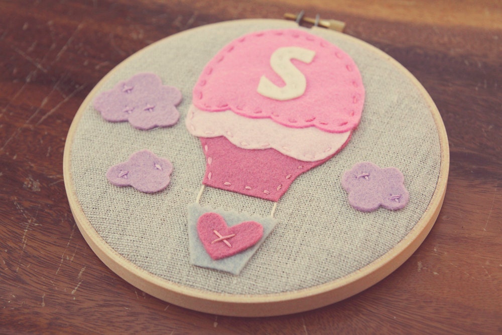 Personalized Embroidery Hoop Art, Hot Air Balloon with Monogram, Initial Children Decor by Catshy Crafts