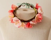 pretty pink flower crown, with adjustable felt lined headband