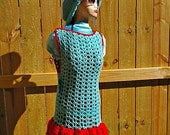 Beach cover up dress with matching hat. Size 6 in tiffany blue and cherry red