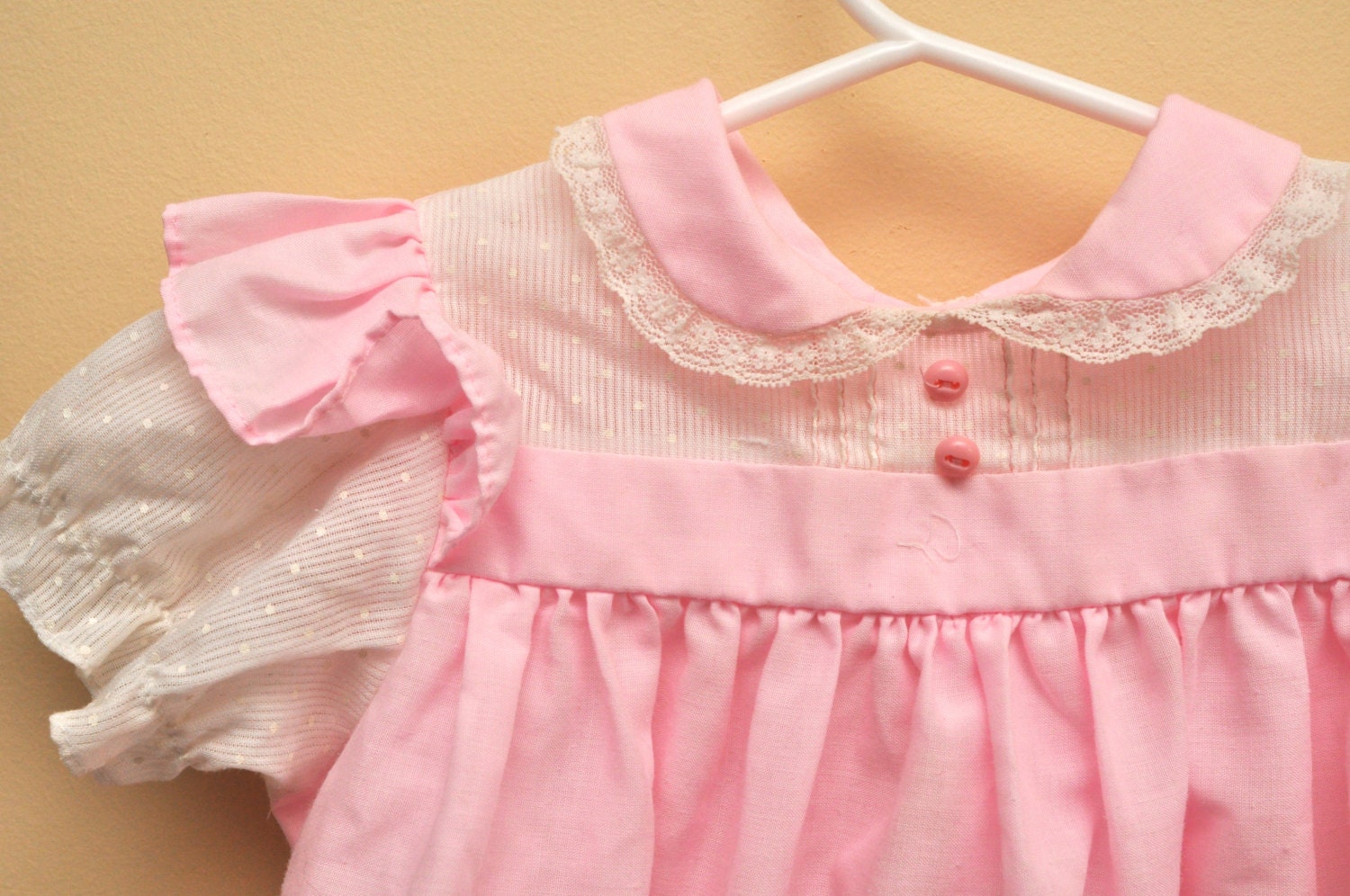 SALE vtg girly pink baby/toddler dress, with embroidered cherrys, peter pan collar, pinafore style