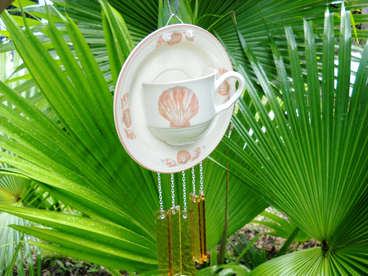 Stained Glass Wind chime teacup Sea Shell Nautical Ocean Sea decor Tea Cup and Saucer