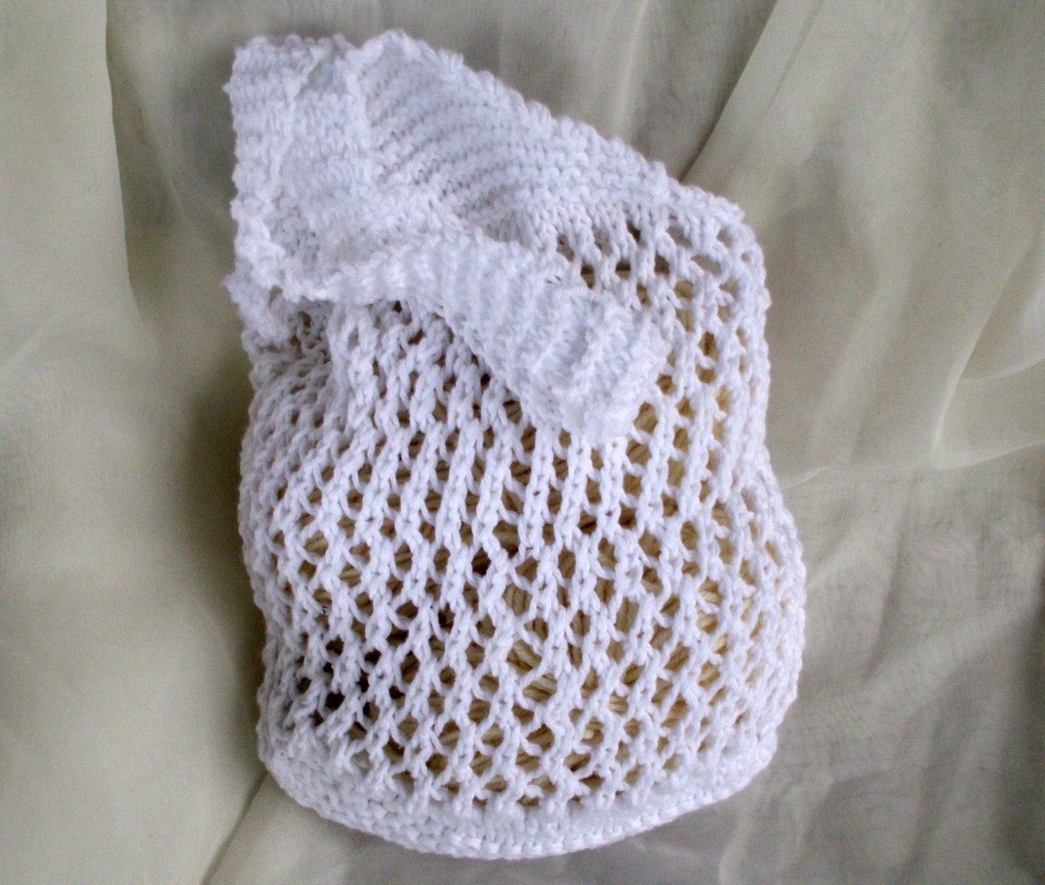Reusable Shopping Bag or Beach Tote Hand Knit in Bright White Cotton / Farmers Market Mesh Tote
