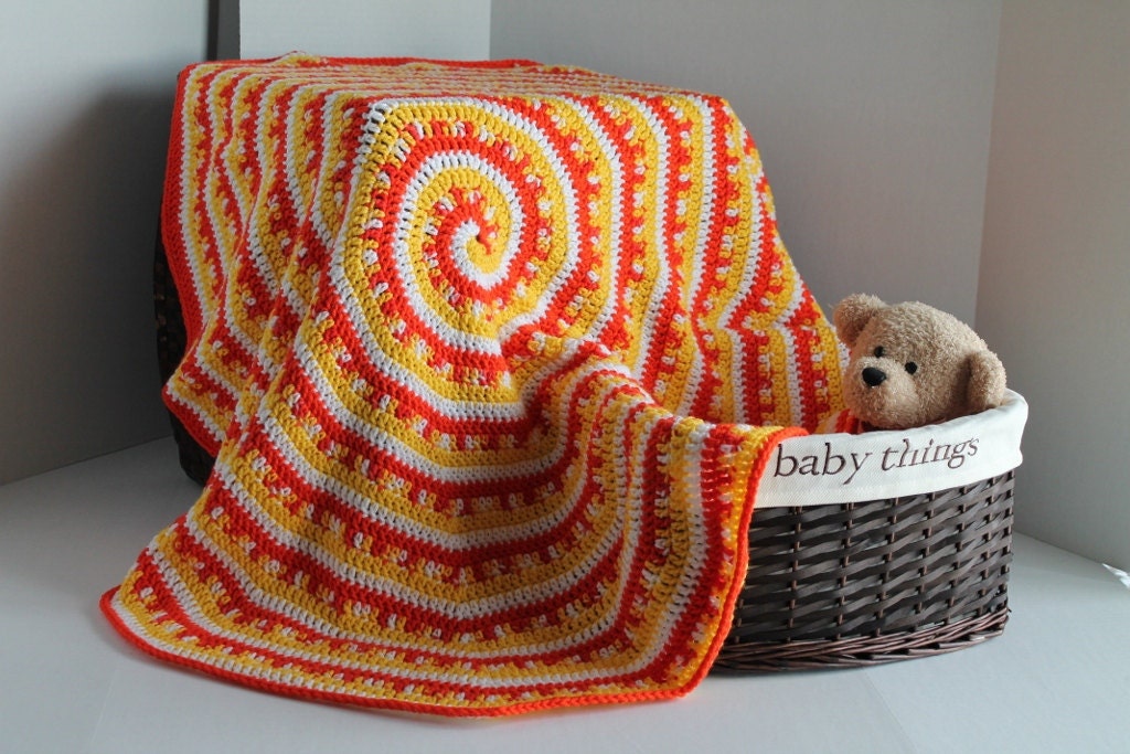 Baby Blanket / Toddler Afghan - Spiral Lapaghan - Yellow, Orange, and White