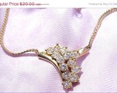 Vintage Rhinestone Necklace - Gold Herringbone Chain, Abstract Design