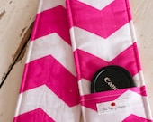 DSLR Camera Strap Cover- lens cap pocket and padding included- Pink and White Chevron