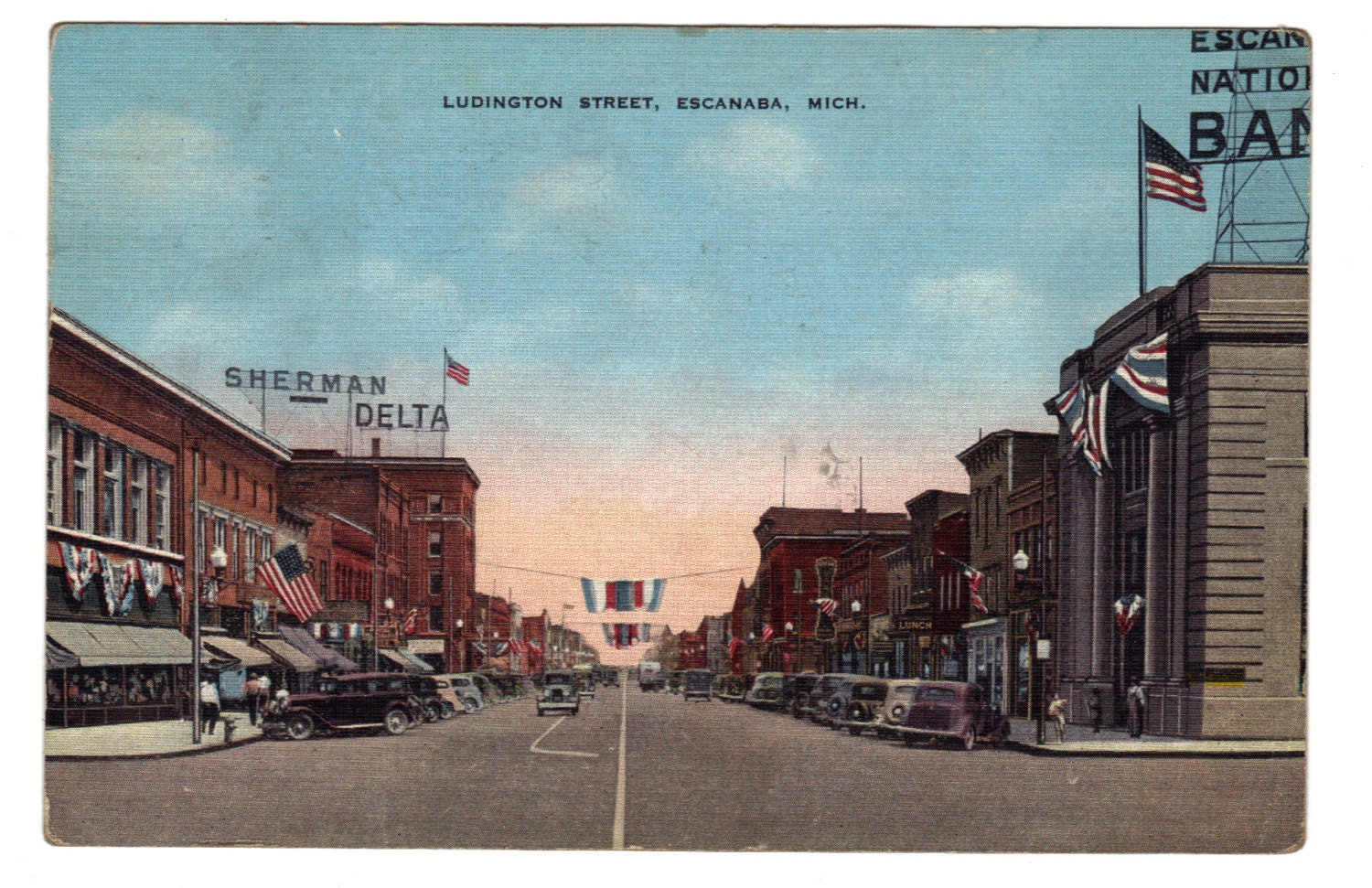 1930s Escanaba shopping center in Michigan vintage postcard