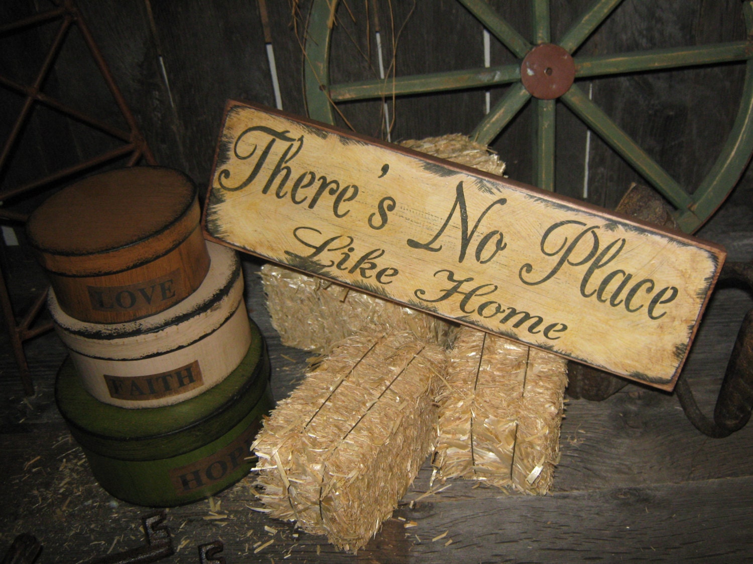 Primitive Wood Sign " Theres No Place Like Home " Handpainted Country Folkart Housewares Wall Decor