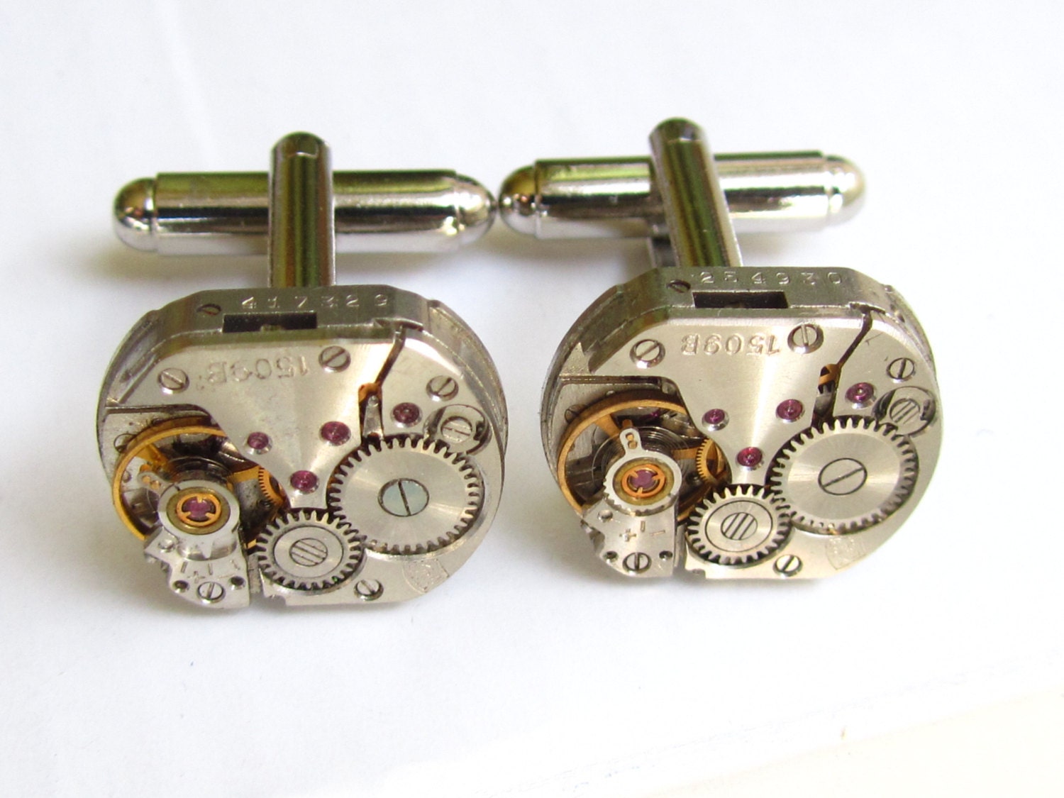 Steampunk Cufflinks - with the smallest vintage rectangular watch movements. Vintage upcycled mens Cuff Links, Gift under 30 Dollars