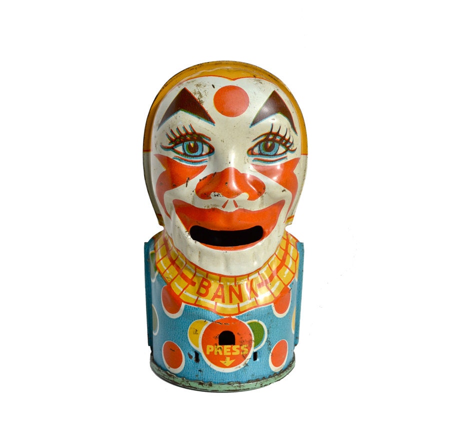 Vintage Tin J. Chein & Co. Tin Litho Clown Bank  offered by Elizabeth Rosen