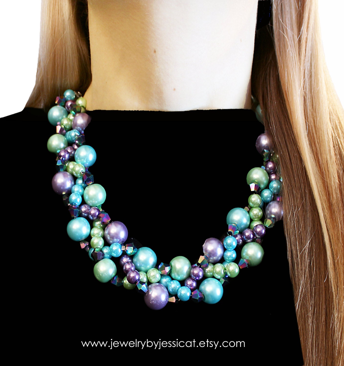 PETITE TWISTED, Statement Necklace, Blue, Purple, Lavender, Pastel, Green, Chunky, Multi-strand, Bridal, Jewelry by Jessica Theresa