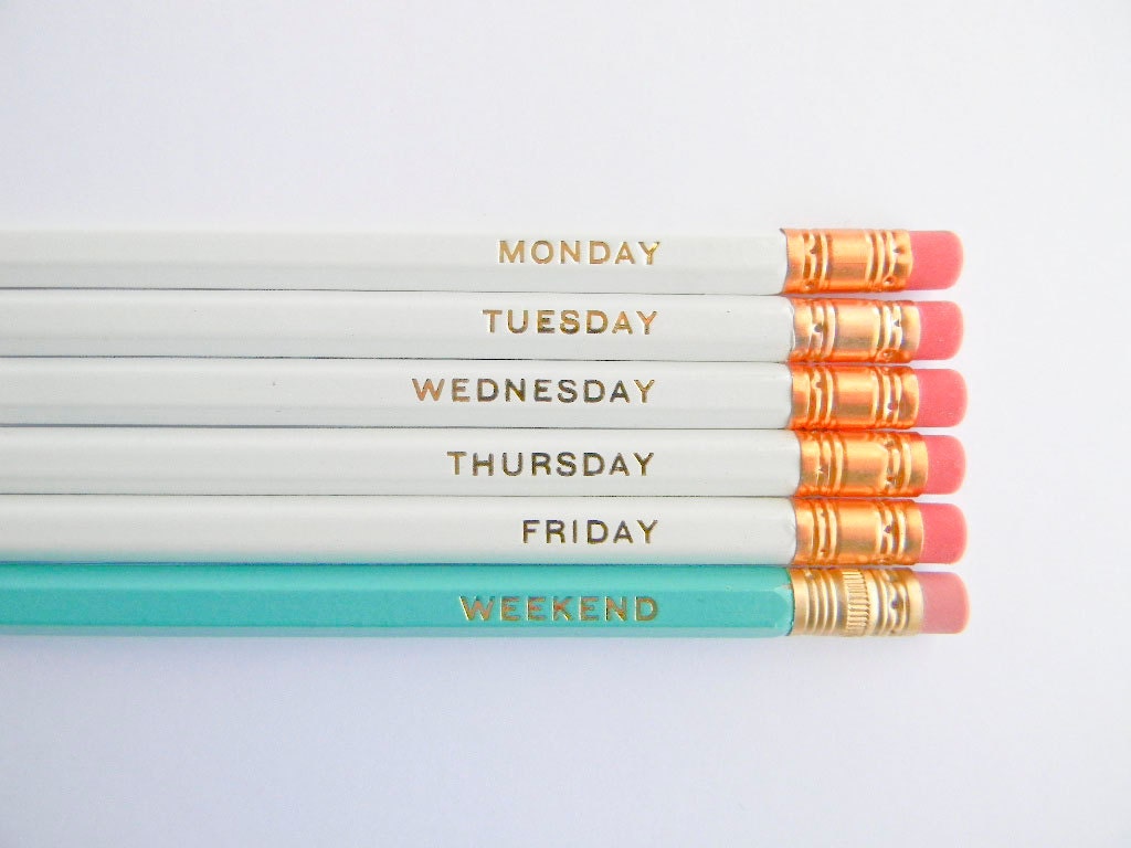 Hello Weekend Pencils - White, Aqua, & Gold, Set of 6