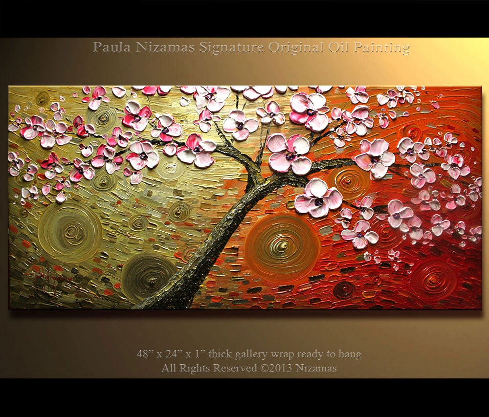 ORIGINAL Abstract Contemporary Blooming Cherry Tree Oil Painting Heavy Palette Knife Texture by Paula Nizamas Ready to Hang