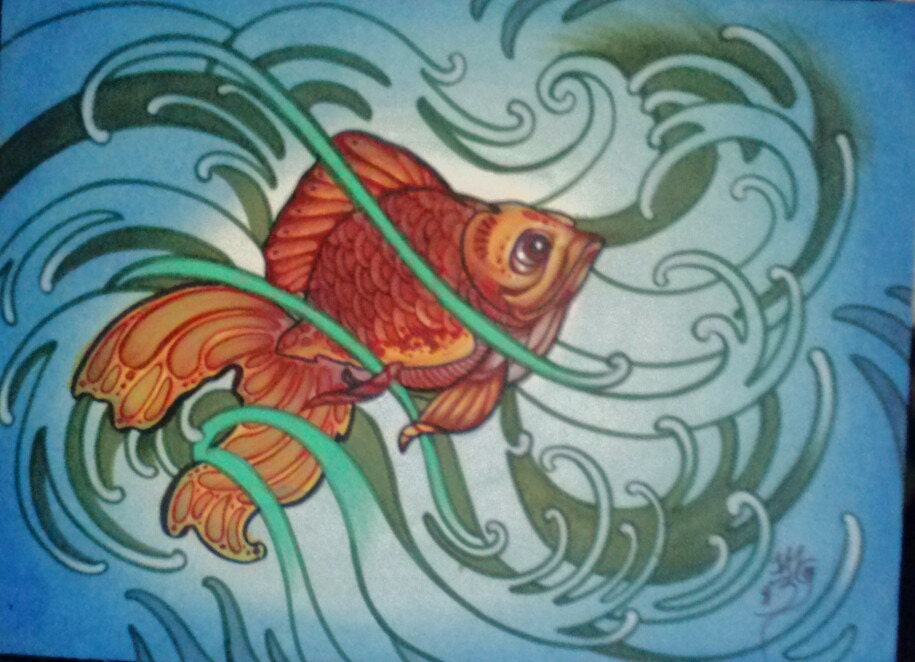 original goldfish painting, watercolor and ink painting of koi fish, tattooo style