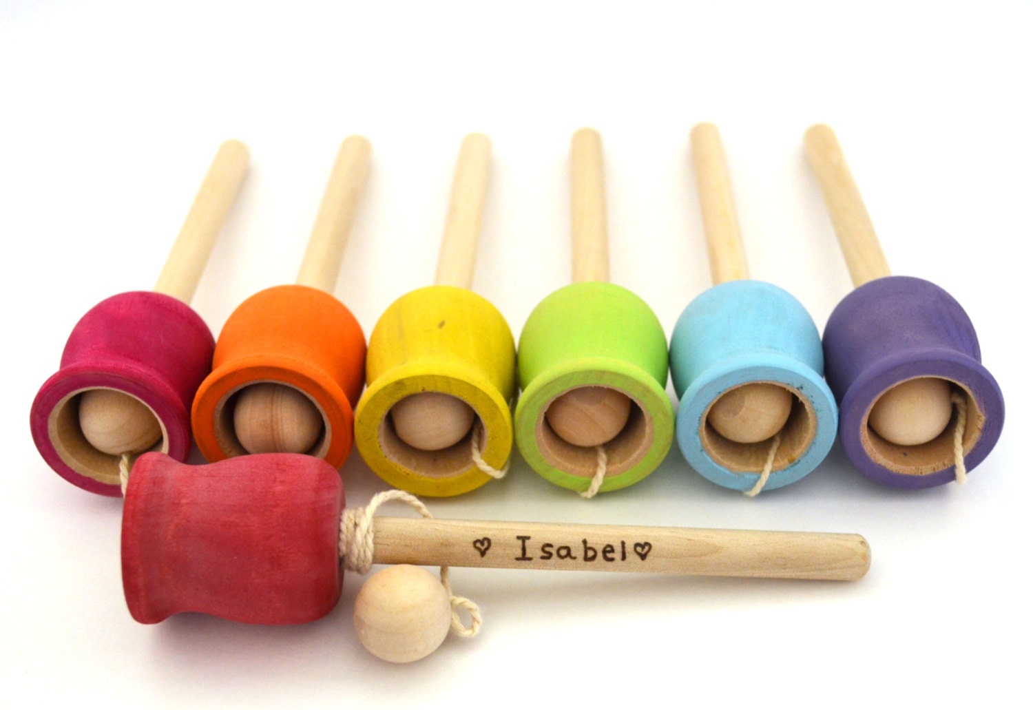 Personalized Wooden Toy - Cup and Ball - Natural Wood Toy - Birthday Party Favor - Skill Building - Pastel Rainbow Colors