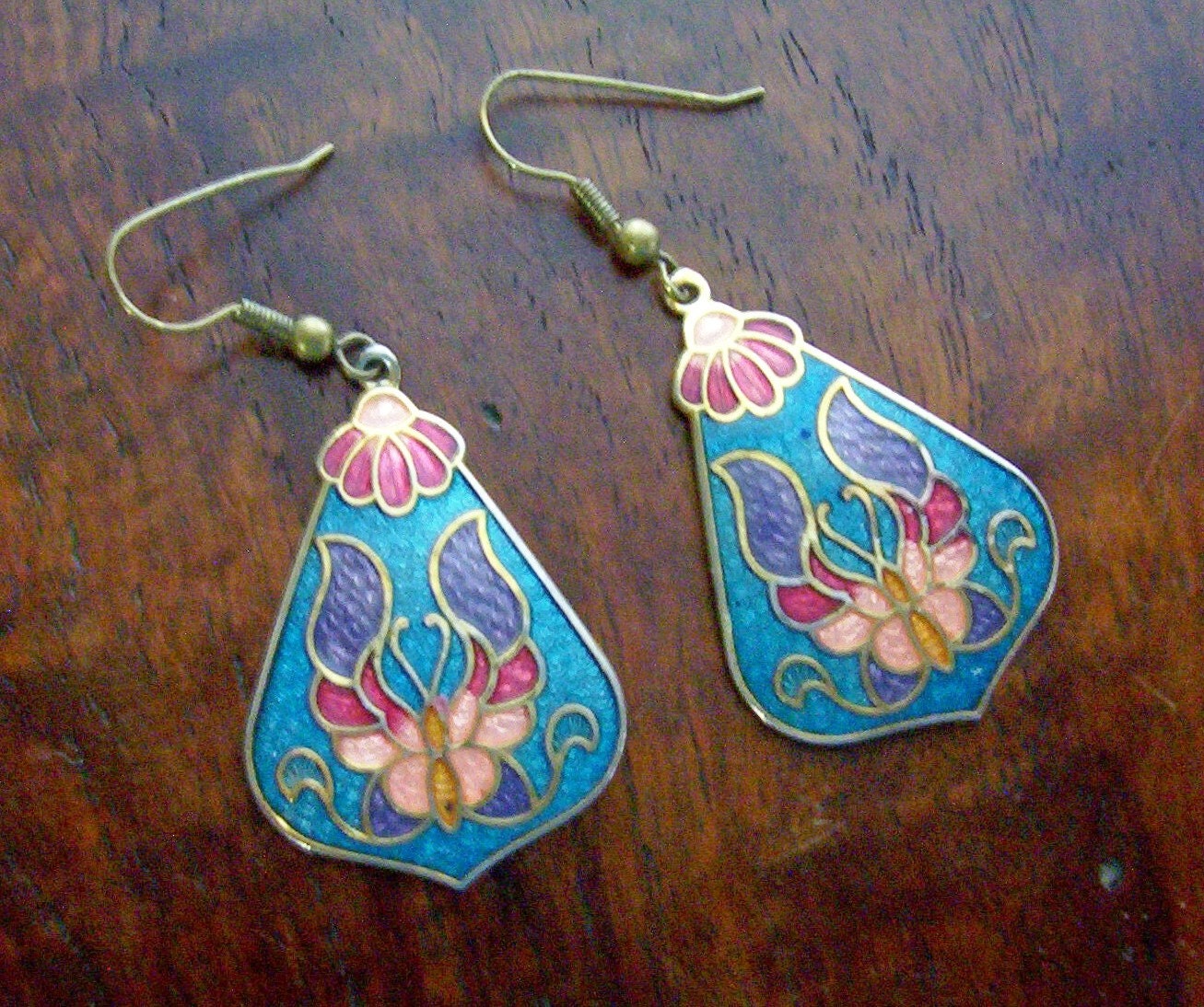 Vintage CLOISONNE Enamel Earrings Teal Blue Butterfly Flower Drops Art Nouveau