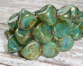 Czech Glass Bead 14mm Pinched Bicone Milky Peridot Green Picasso Bronze MOON ROCKS (4)