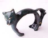 Dark green cat,  ceramic sculpture,  home decor.