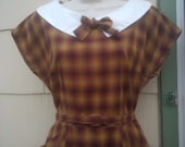 Vintage 1940s /1950s Brown Plaid Dress/ Peter Pan Collar/ School Girl/ Sock Hop/ Rocakbilly/ VLV/ LARGE