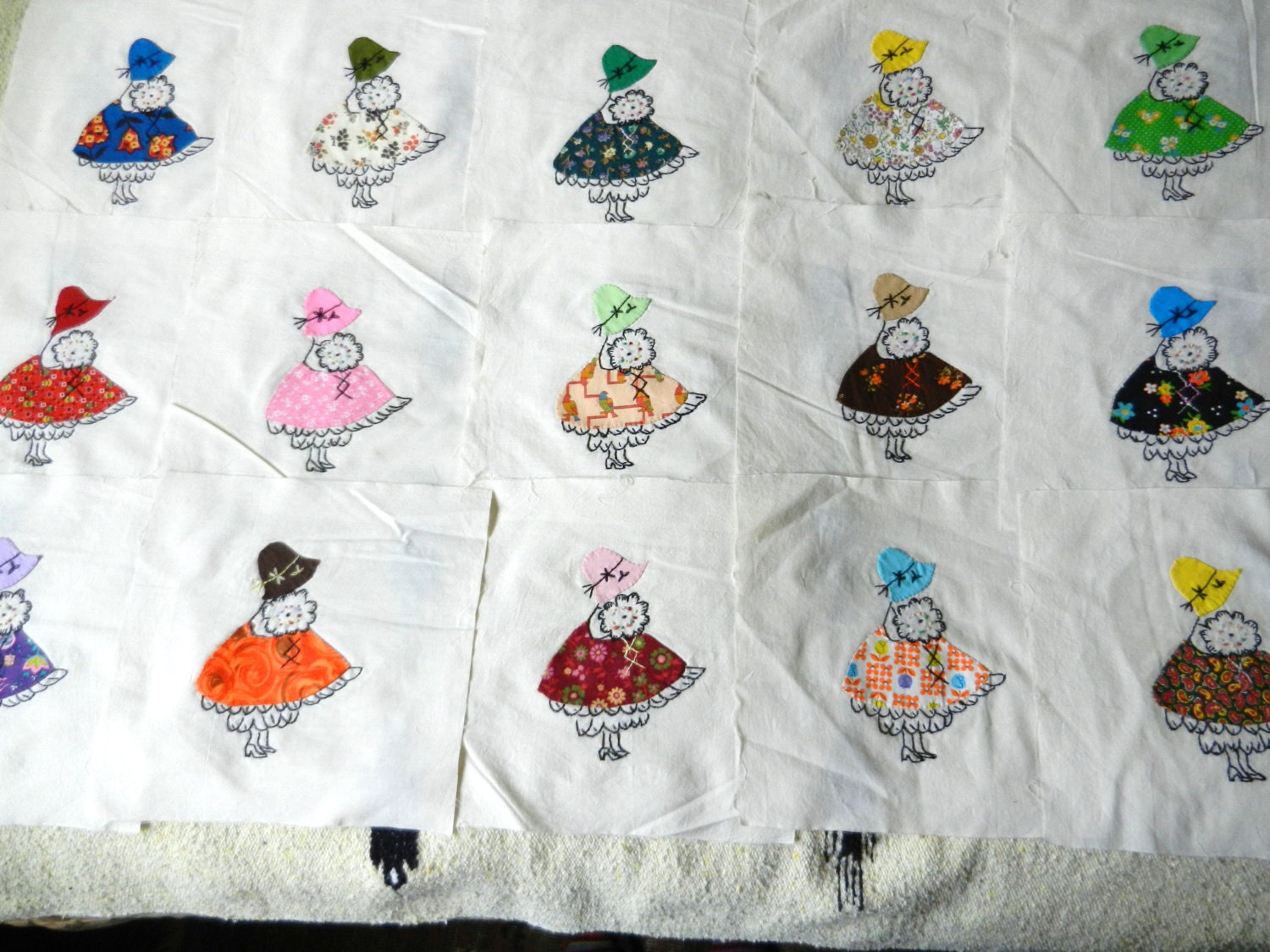 15 Applique & Embroiderey 12" Quilt Squares, Sun Bonnet Sue's Big Sister c 1960