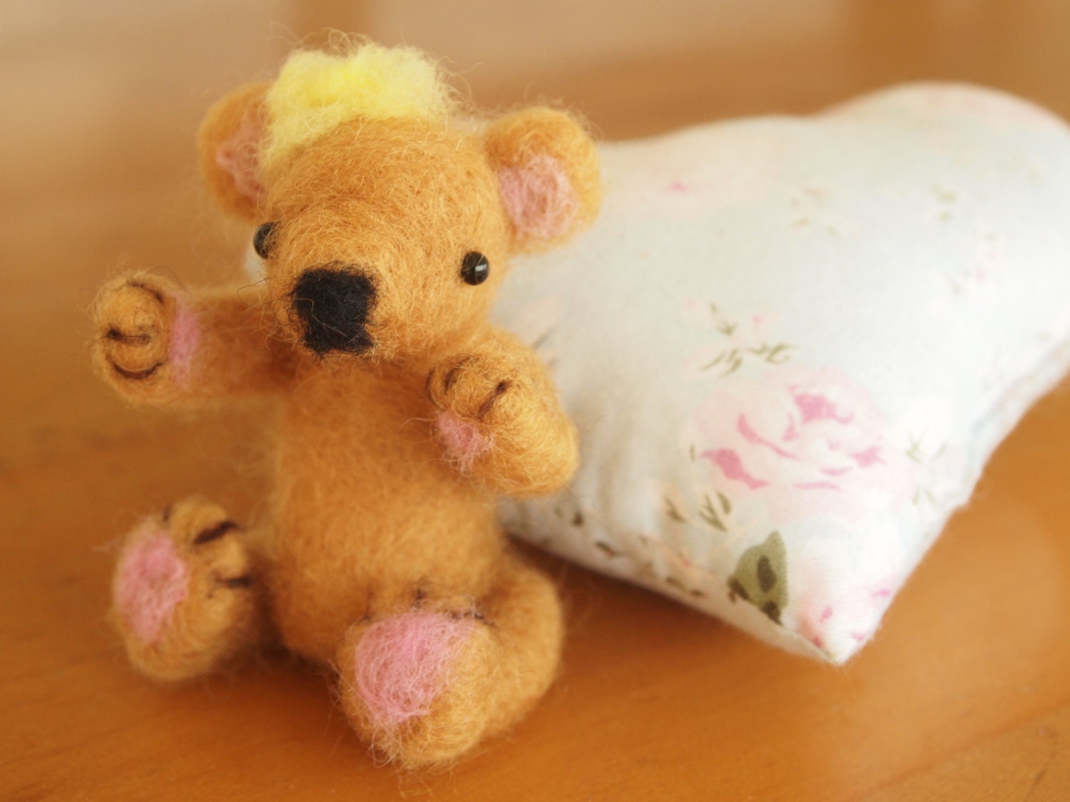Needle Felted Golden Brown Teddy Bear with Yellow Bow