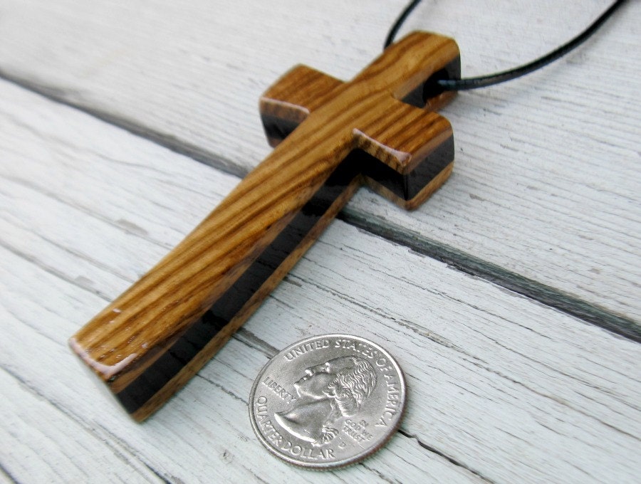 Large Wood Cross Pendant - African Zebrawood & Ebony