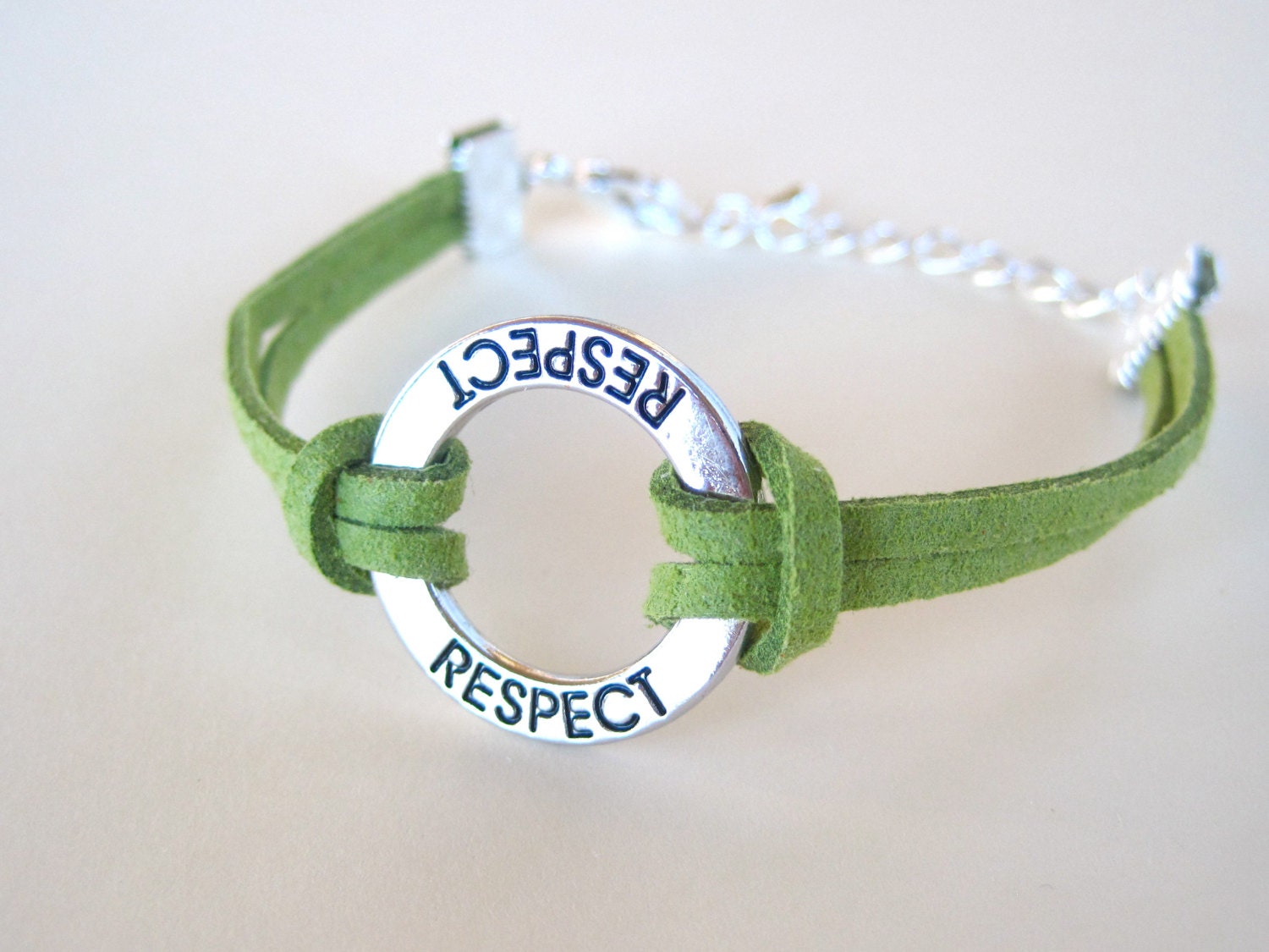 Inspirational Bracelet, Engraved Charm Bracelet, Respect Bracelet, Friendship Bracelet, Soft Suede Bracelet, Green