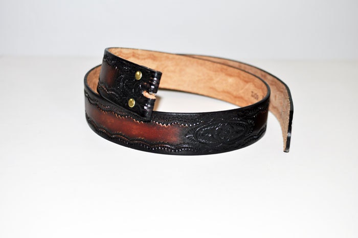 Leather Belt Embossed and Hand Stained Brown Black 38
