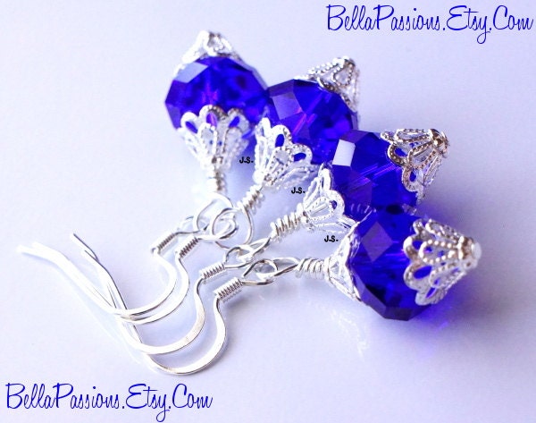 Cobalt Blue Earrings, Blue Glass Earrings, Sapphire Blue Earrings, Blue Dangle Earrings, Wire-Wrapped, Handmade, Silver, Gift